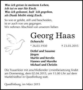 Traueranzeige von Georg Haas von Mitteldeutsche Zeitung Quedlinburg