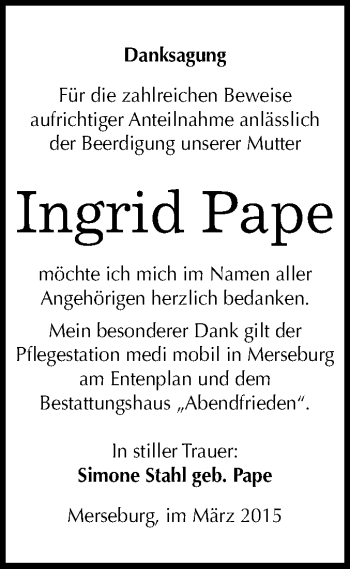 Traueranzeige von Ingrid Pape von WVG - Wochenspiegel Merseburg