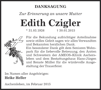 Traueranzeige von Edith Czigler von Super Sonntag Aschersleben