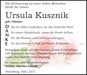 Traueranzeige von Ursula Kusznik von Mitteldeutsche Zeitung Merseburg/Querfurt