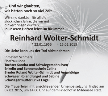 Traueranzeige von Reinhard Wolter-Schmidt von WVG - Wochenspiegel Dessau / Köthen