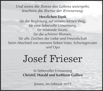 Traueranzeige von Josef Frieser von WVG - Wochenspiegel Wittenberg