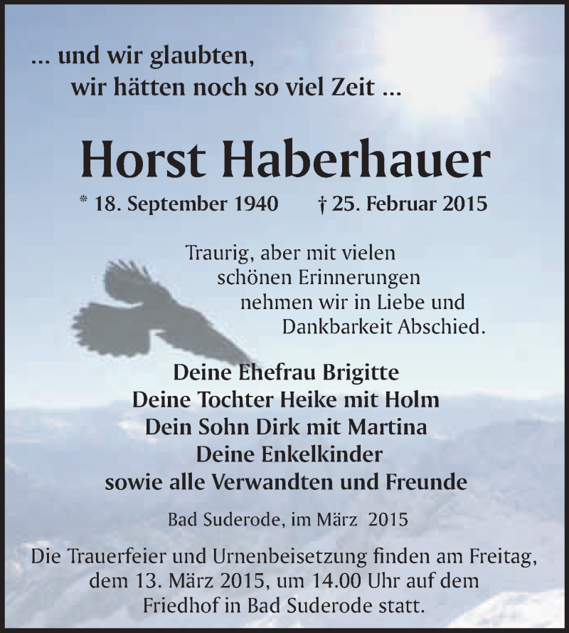  Traueranzeige für Horst Haberhauer vom 04.03.2015 aus WVG - Wochenspiegel Quedlinburg