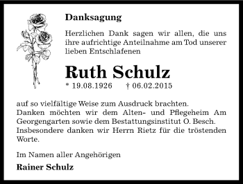 Traueranzeige von Ruth Schulz von Mitteldeutsche Zeitung Dessau-Roßlau
