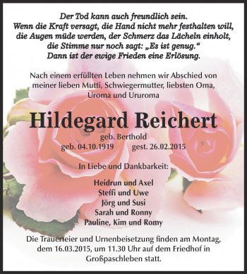 Traueranzeige von Hildegard Reichert von WVG - Wochenspiegel Dessau / Köthen
