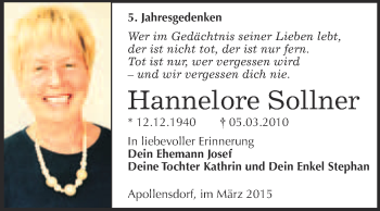 Traueranzeige von Hannelore Sollner von Super Sonntag Wittenberg