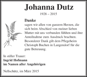 Traueranzeige von Johanna Dutz von WVG - Wochenspiegel NMB / WSF / ZTZ