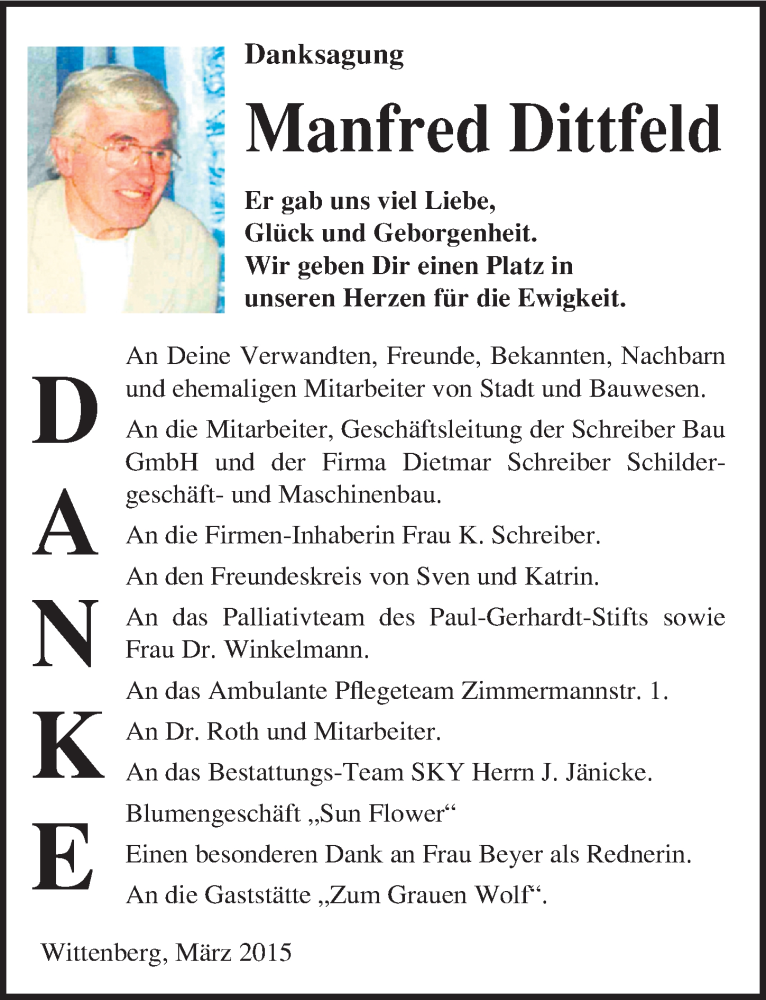  Traueranzeige für Manfred Dittfeld vom 14.03.2015 aus Mitteldeutsche Zeitung Wittenberg
