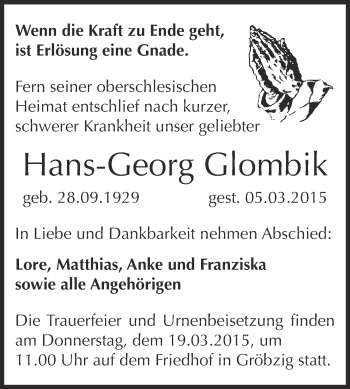 Traueranzeige von Hans-Georg Glombik von WVG - Wochenspiegel Dessau / Köthen