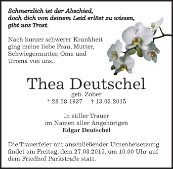 Traueranzeige von Thea Deutschel von Mitteldeutsche Zeitung Bernburg