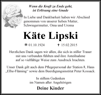 Traueranzeige von Käte Lipski von WVG - Wochenspiegel Dessau / Köthen
