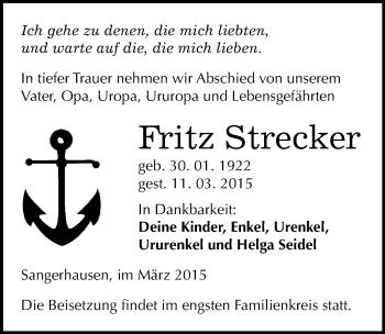 Traueranzeige von Fritz Strecker von Mitteldeutsche Zeitung Sangerhausen