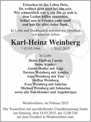Traueranzeige von Karl-Heinz Weinberg von WVG - Wochenspiegel Quedlinburg