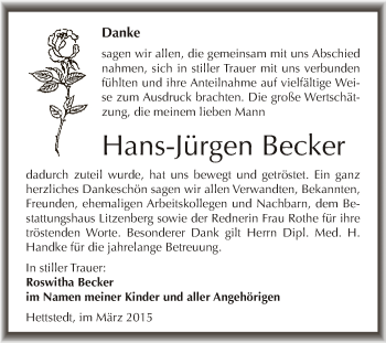 Traueranzeige von Hans-Jürgen Becker von Wochenspiegel Mansfelder Land