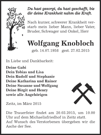 Traueranzeige von Wolfgang Knobloch von Super Sonntag Zeitz