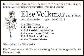 Traueranzeige von Else Volkmar von Super Sonntag Aschersleben