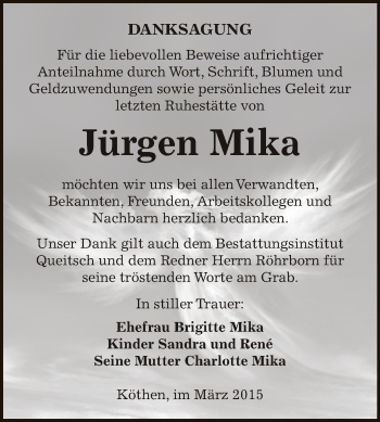 Traueranzeige von Jürgen Mika von WVG - Wochenspiegel Dessau / Köthen
