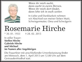 Traueranzeige von Rosemarie Hirche von Mitteldeutsche Zeitung Halle/Saalkreis