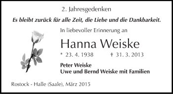 Traueranzeige von Hanna Weiske von Mitteldeutsche Zeitung Halle/Saalkreis