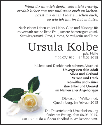 Traueranzeige von Ursula Kolbe von Super Sonntag SGH Mansf. Land