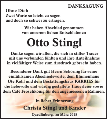 Traueranzeige von Otto Stingl von WVG - Wochenspiegel Quedlinburg