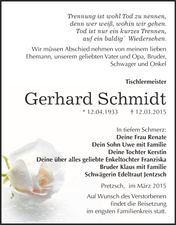 Traueranzeige von Gerhard Schmidt von WVG - Wochenspiegel Wittenberg