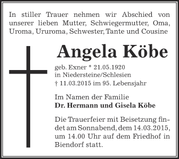 Traueranzeige von Angela Köbe von Super Sonntag Bernburg