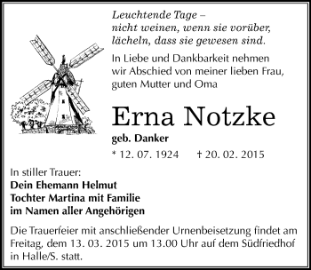 Traueranzeige von Erna Notzke von Mitteldeutsche Zeitung Halle/Saalkreis