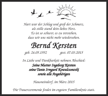 Traueranzeige von Bernd Kersten von Super Sonntag Aschersleben