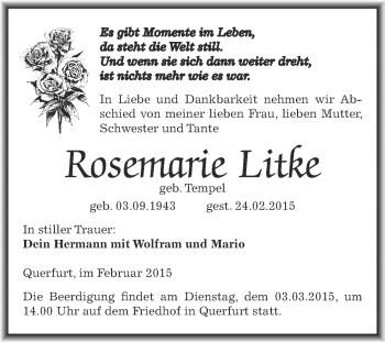 Traueranzeige von Rosemarie Litke von Super Sonntag Zeitz