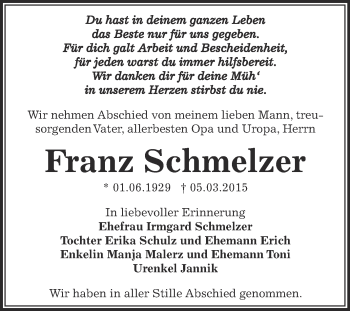 Traueranzeige von Franz Schmelzer von Super Sonntag Zeitz