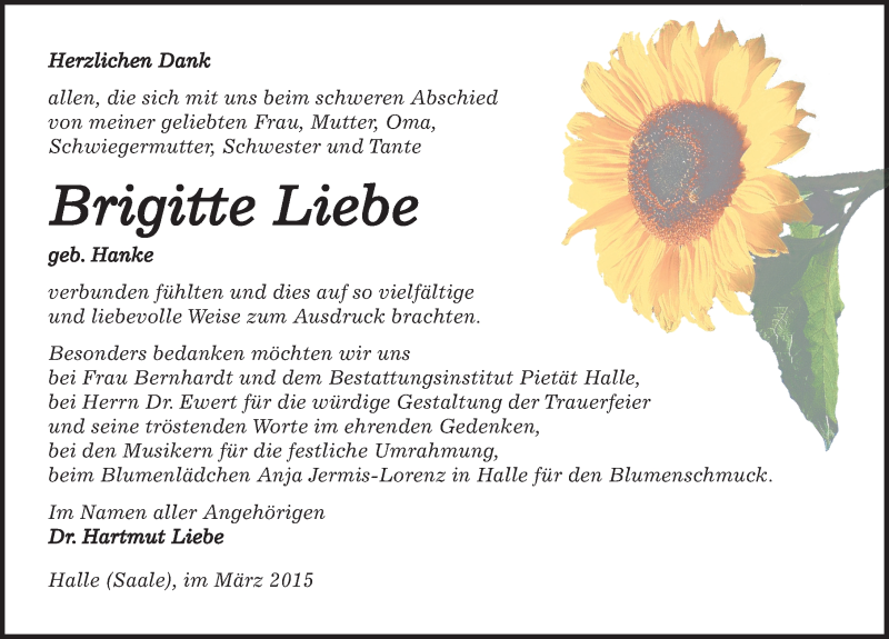 Traueranzeigen von Brigitte Liebe www.abschiednehmen.de
