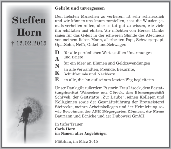 Traueranzeige von Steffen Horn von Super Sonntag Bernburg