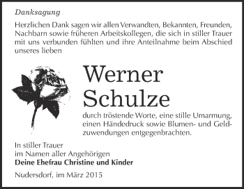 Traueranzeige von Werner Schulze von WVG - Wochenspiegel Wittenberg