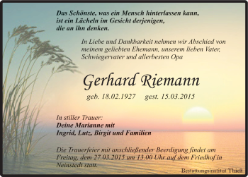 Traueranzeige von Gerhard Riemann von Mitteldeutsche Zeitung Quedlinburg