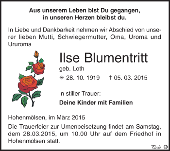 Traueranzeige von Ilse Blumentritt von WVG - Wochenspiegel NMB / WSF / ZTZ