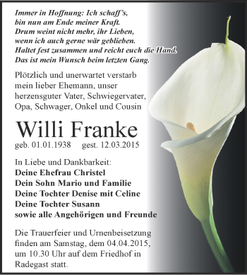 Traueranzeige von Willi Franke von WVG - Wochenspiegel Dessau / Köthen