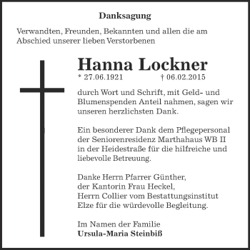 Traueranzeige von Hanna Lockner von WVG - Wochenspiegel Dessau / Köthen