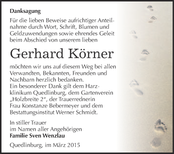 Traueranzeige von Gerhard Körner von WVG - Wochenspiegel Quedlinburg