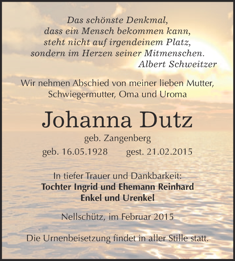  Traueranzeige für Johanna Dutz vom 04.03.2015 aus WVG - Wochenspiegel NMB / WSF / ZTZ