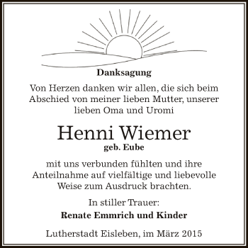 Traueranzeige von Henni Wiemer von Wochenspiegel Mansfelder Land