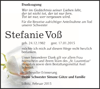 Traueranzeige von Stefanie Voß von WVG - Wochenspiegel NMB / WSF / ZTZ