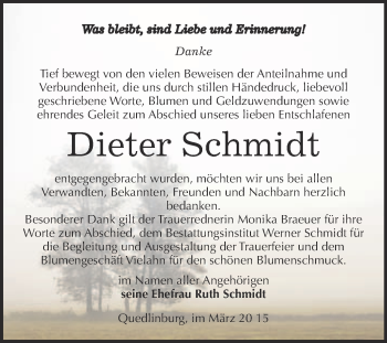 Traueranzeige von Dieter Schmidt von WVG - Wochenspiegel Quedlinburg