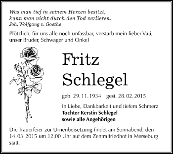 Traueranzeige von Fritz Schlegel von WVG - Wochenspiegel Merseburg