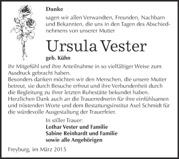Traueranzeige von Ursula Vester von WVG - Wochenspiegel NMB / WSF / ZTZ