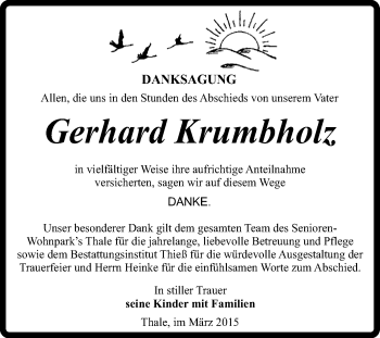 Traueranzeige von Gerhard Krumbholz von Super Sonntag Quedlinburg