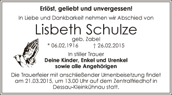 Traueranzeige von Lisbeth Schulze von WVG - Wochenspiegel Dessau / Köthen