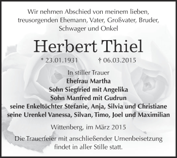 Traueranzeige von Herbert Thiel von WVG - Wochenspiegel Wittenberg
