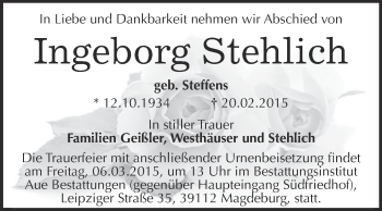 Traueranzeige von Ingeborg Stehlich von Super Sonntag Wittenberg