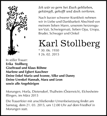 Traueranzeige von Karl Stollberg von Mitteldeutsche Zeitung Sangerhausen